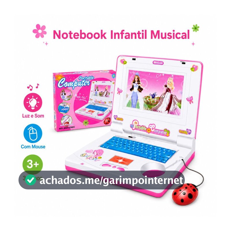 Laptop Infantil Rosa Notebook de Brinquedo com Mouse Som Luz Música Criança Menina 3 Anos