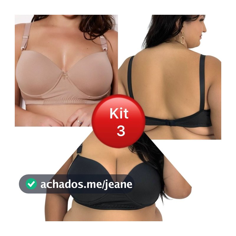 Kit com 3 Sutiã Soutien Sutien Plus Size Bojo Alça Reforçada Tamanho Grande 50 ao 58 Liso