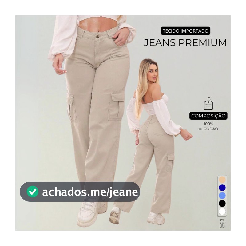 Calça Cargo Feminina Jeans Wide Leg Cintura Alta 100% Algodão 34 ao 44 + 4 Cores