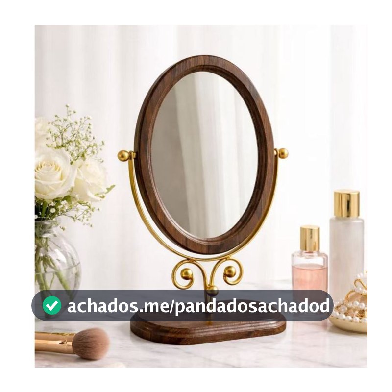Espelho De Mesa Maquiagem Penteadeira Metal e Maderia Giratório Dourado 025-076