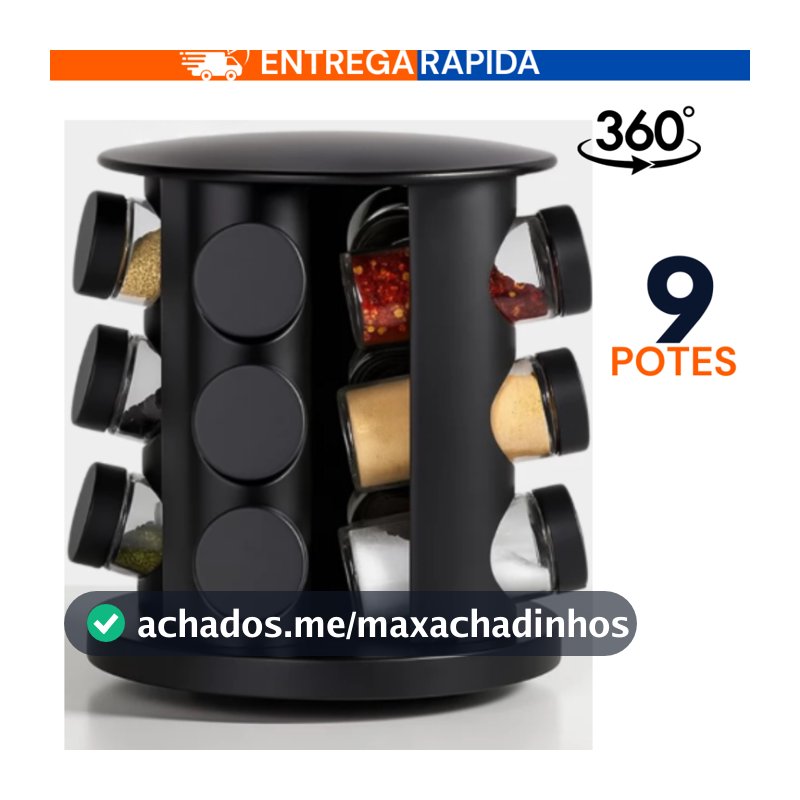 Porta Temperos Giratório 9 Potes Profissional Vidro Tampa Dosadora Preto Condimento Premium PROMOÇÃO