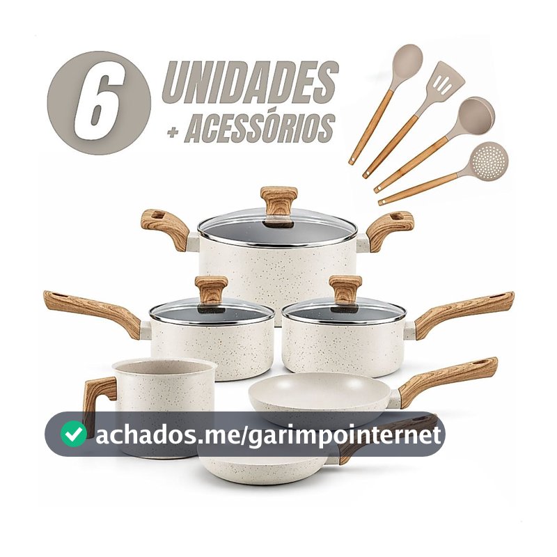 Jogo de Panelas 6 Peças Antiaderentes com Tampa de Vidro Temperada com 4 Utensílios de Cozinha