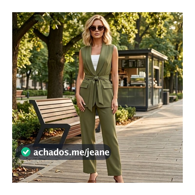Conjunto Feminino Alfaiataria Colete Alongado com Cinto e Calça Reta Elegante Tendência Luxo - P M G - REFERENCIA 579