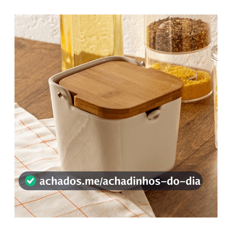 Saleiro Porta Sal Saleira de Porcelana Tampa de Bambu Mesa 9x8,5cm Bancada com Colher Lyor Pimenteiro Açucareiro