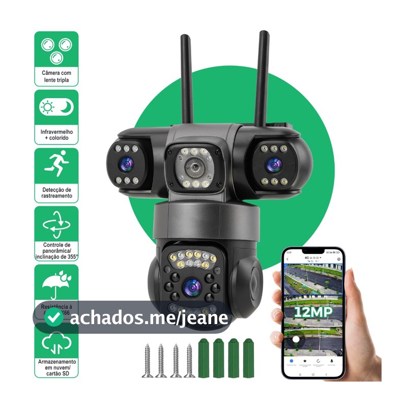 Câmera Tripla Inteligente 360° Wifi 4k Ultra Interna Externa Preto