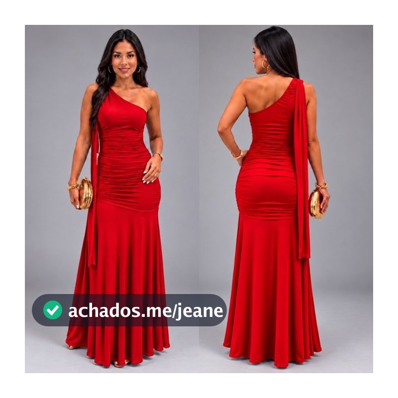 Vestido longo vermelho feminino de alça única com babado e recorte justo