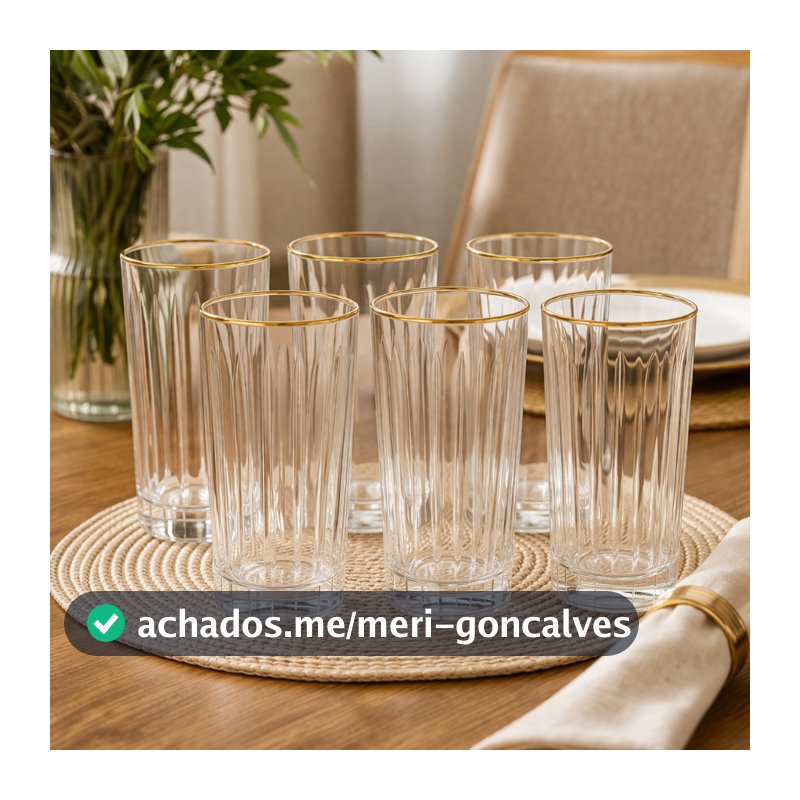 Jogo 6 Copos Altos Com Borda Dourada Em Vidro 370ml Bebidas