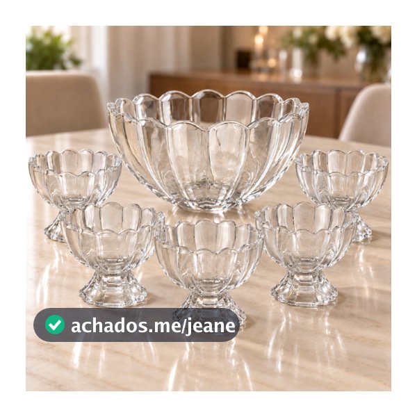 Kit 7 Pecas Bowl com 6 Tacas de Vidro Para Sobremesa Wolff Conjunto para Doces Mesa Posta Cafe e Receber Praticidade Uso