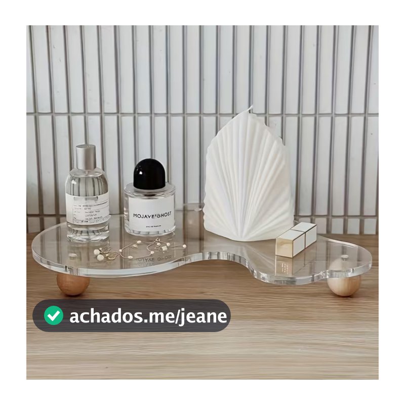 Bandeja Decorativa em Acrílico Cristal com Pés de Madeira, Organizador para Cosméticos, Joias e Perfumes