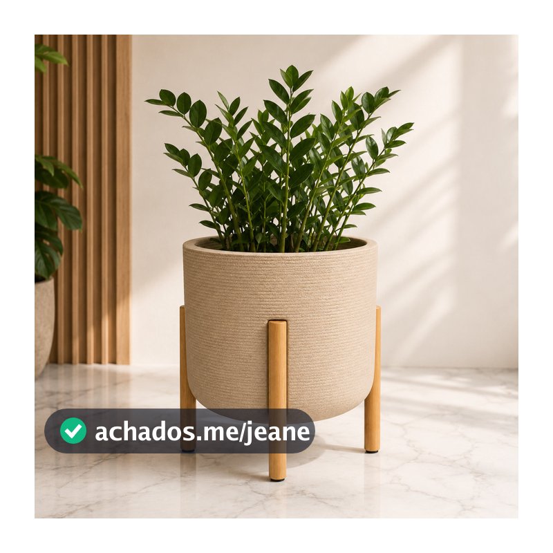 Vaso Para Plantas Oslo Escovado com Pé de Madeira Decorativo Nórdico em Polietileno 30x24