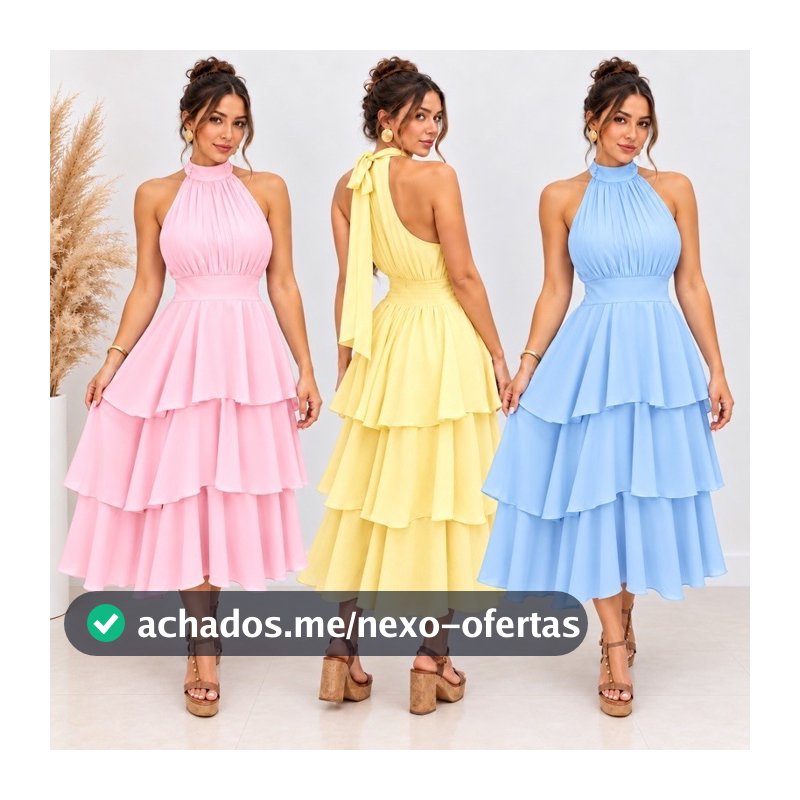Vestido  Longuete de Festa com Gola Alta e Saia em Camadas en tecido duna