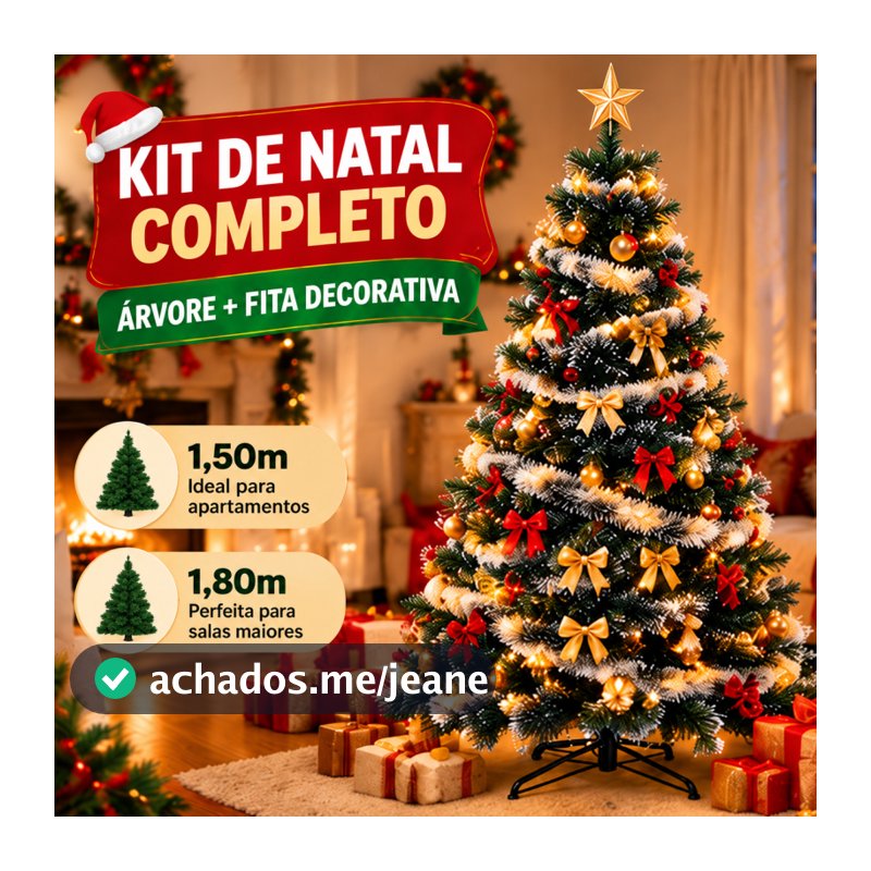 Kit Árvore de Natal com Fita Decorativa 1,50m 1,80m Árvore Verde Premium Enfeite Natalino Completo para Casa Sala Festa