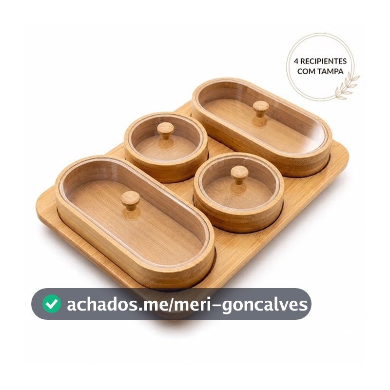 Conjunto Petisqueiras de Bambu Potes com Tampa e Bandeja