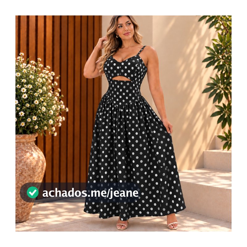 Vestido Longo Feminino Poá Bolinhas Alça Fina Recorte na Cintura Saia Rodada Verão