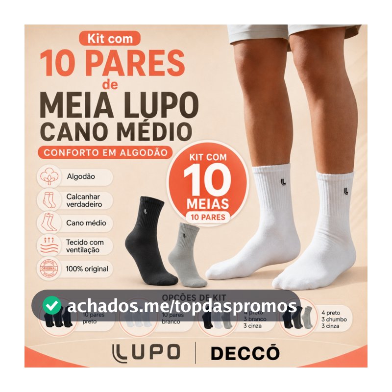 Kit De 10 Pares De Meias Lupo Cano Médio Unissex Em Algodão Tamanho 37 ao 44