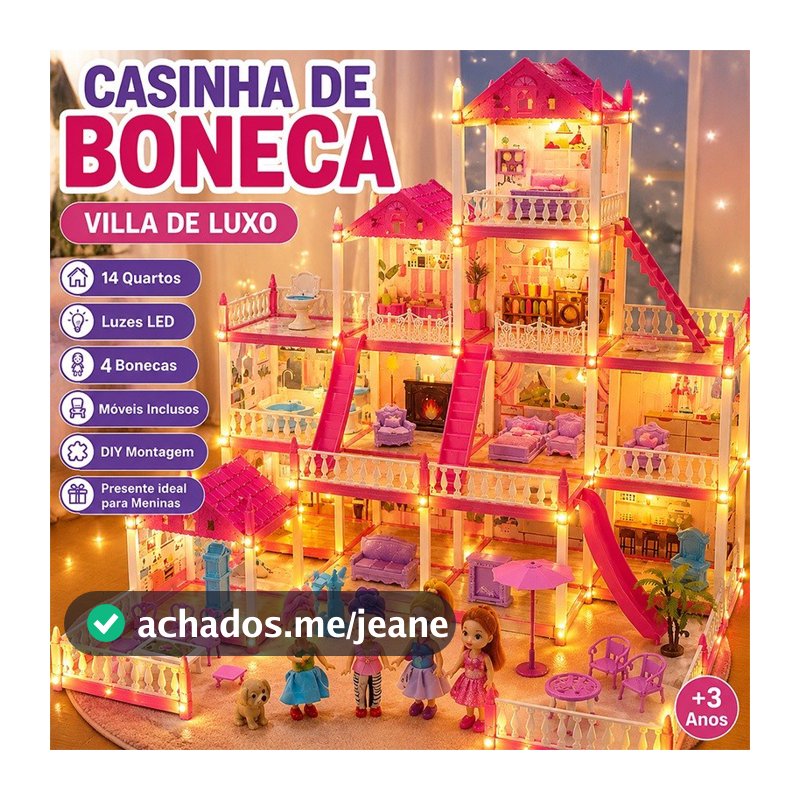 Casinha De Boneca Grande Luxo 14 Quartos Com Luz LED Móveis Inclusos DIY Brinquedo Infantil Presente Para Meninas