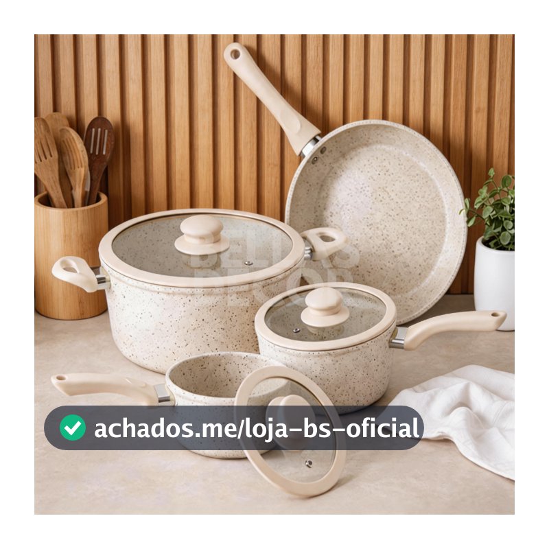Kit Jogo Panelas 4 Peças Revestimento Cerâmica Marmorizado Creme Antiaderente Premium Tampas Vidro Organização Cozinha