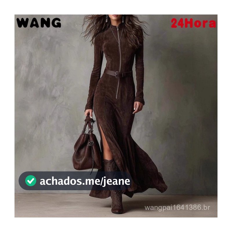 Vestido Longo Elegante de Cor Sólida com Zíper e Gola Alta para Mulheres
