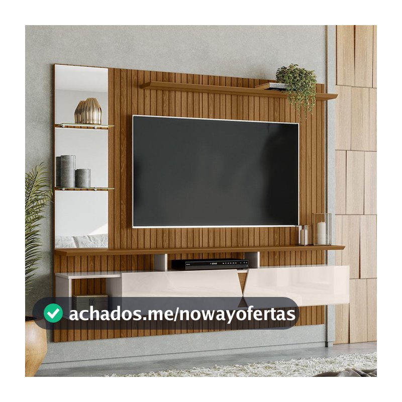 Painel Ripado Copa do Mundo Lukaliam Móveis Para TV 55 Pol Suspenso MDF Freijó Off White Intense