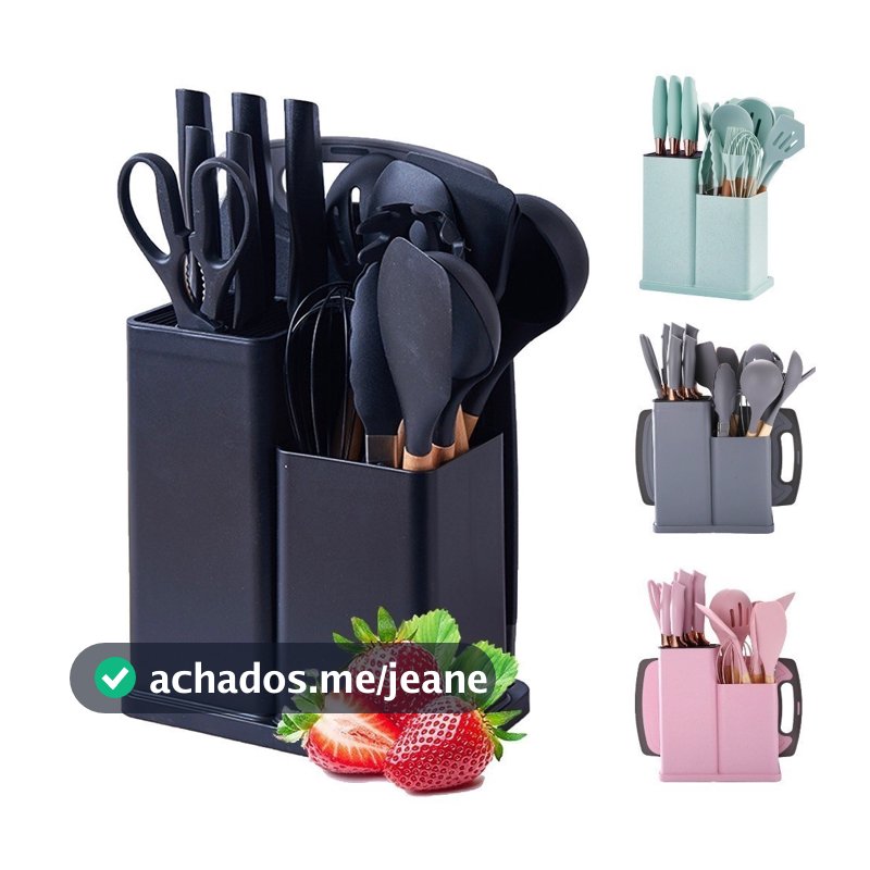 Kit Completo Jogo de Cozinha Luxo 19 Peças Com Tábua em Silicone Espátula Faca Tesoura Utensílios
