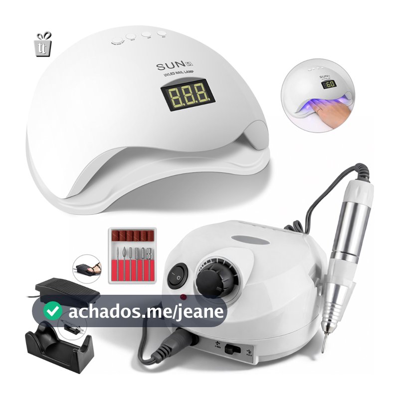 Kit Cabine Sun 5 Led Uv 48w Unha Gel Acrigel Porcelana + Motor Porquinho Lixa Lixadeira de Unhas Elétrica Manicure
