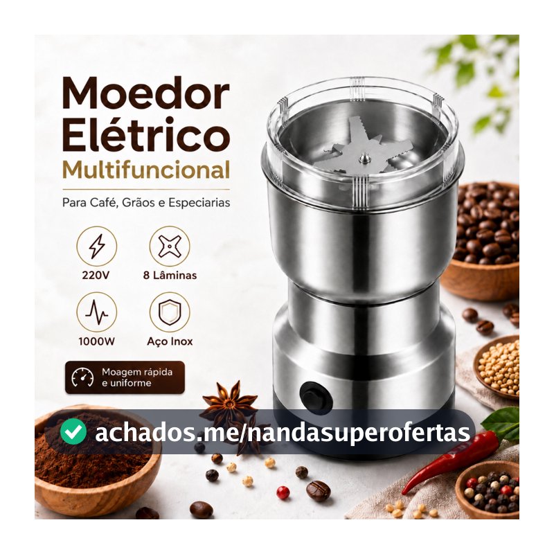 Moedor De Café Elétrico 220V 8 Lâminas Aço Inox Multifuncional para Grãos Temperos e Especiarias