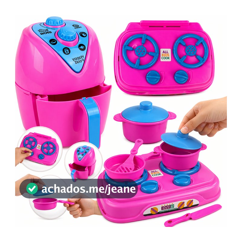 KIT COZINHA INFANTIL COM FOGÃO + AIRFRYER + JOGO DE JANTAR PANELINHAS  peças