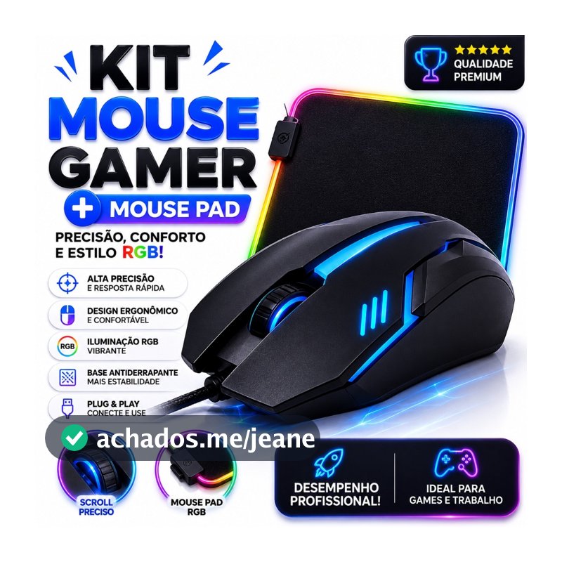 Kit Mouse Gamer + Mouse Pad Led Kit Gamer LED Iluminado RGB Para Jogos 1200DPI