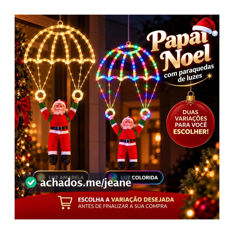 Enfeites de Natal Papai Noel Paraquedista Suspenso c Luz LED Amarela ou Colorida Decoração Iluminada