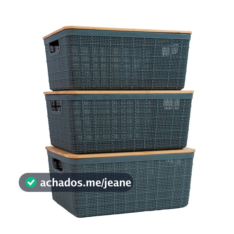 Kit 3 Caixas Organizadoras 4 Litros Cinza C/ Tampa Bambu Oikos
