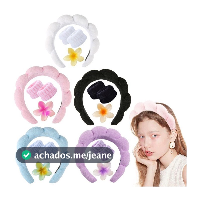Kit Acessórios de Skincare Spa Feminino - Tiara Nuvem+Faixa de Pulso+Presilha de Flor