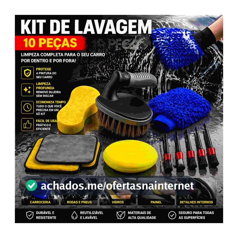 Kit 10 Peças Lavagem Automotiva Esponja + Escova de Pneu + Flanela + Aplicador de Cera + Luva Microfibra + Kit Pincel