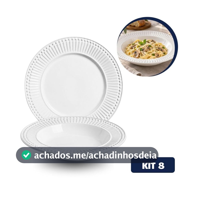 Conjunto Prato Fundo Roma Branco 8 Peças 2ª Linha Porto Brasil