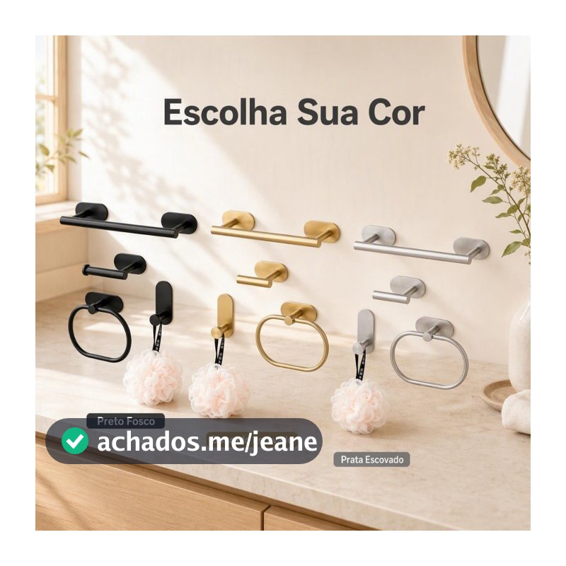 Kit 4 Peças Acessórios Banheiro Aço Inox Autoadesivo Sem Furação Porta Toalha e Gancho