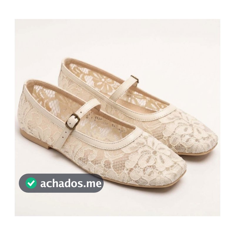 Sapatilha Feminina Renda Bico Quadrado Tira com Fivela Confortável Macia Estilosa Moda Tendência