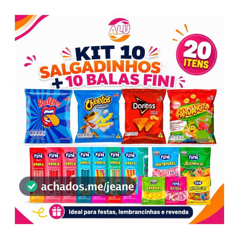 Kit Festa 10 Salgadinhos Elma Chips + 10 Balas Fini Sortidas 20 Unidades Lembrancinha