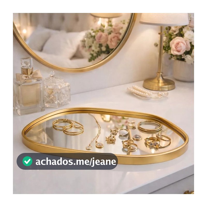 BANDEJA DECORATIVA ESPELHADA FORMATO ORGÂNICO MULTIUSO BANHEIRO LAVABO SALA PRETO DOURADO ESPELHO ORGÂNICO