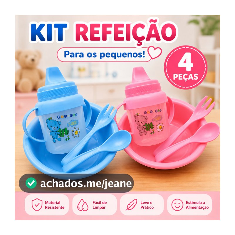 Kit Refeição Infantil 4 Peças Bebê Prato Copo Talheres