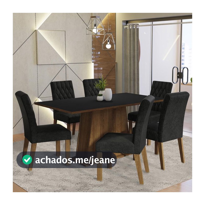 Conjunto Sala de Jantar Mesa Tampo de Madeira 6 Cadeiras Rustic/Preto/Oxford Britney Madesa