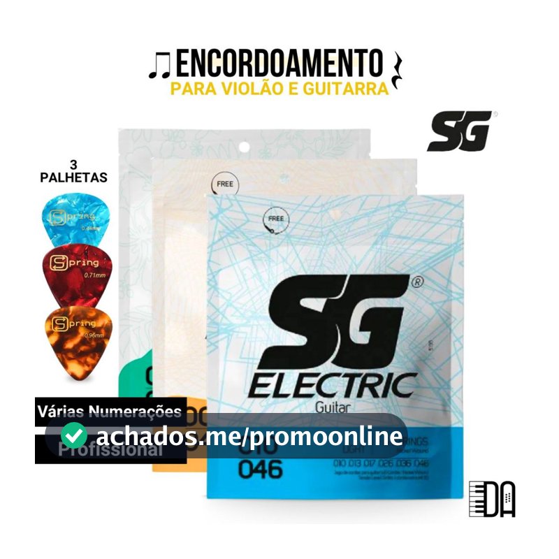 Kit Encordoamento SG Para Violão Guitarra Ukulele Várias Numerações com 3 Palhetas Spring