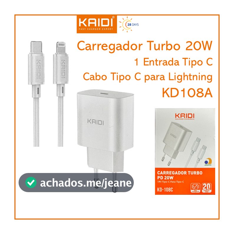 Carregador Cabo e Fonte Turbo PD 20W Saída Tipo-C para Lightning iPhone 1m Kaidi KD-108A