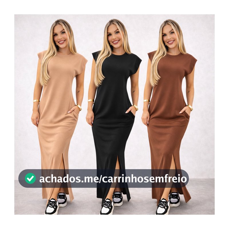 Vestido longo casual basico feminino ribana canelada manga muscle moda gringa preto marrom plus size
