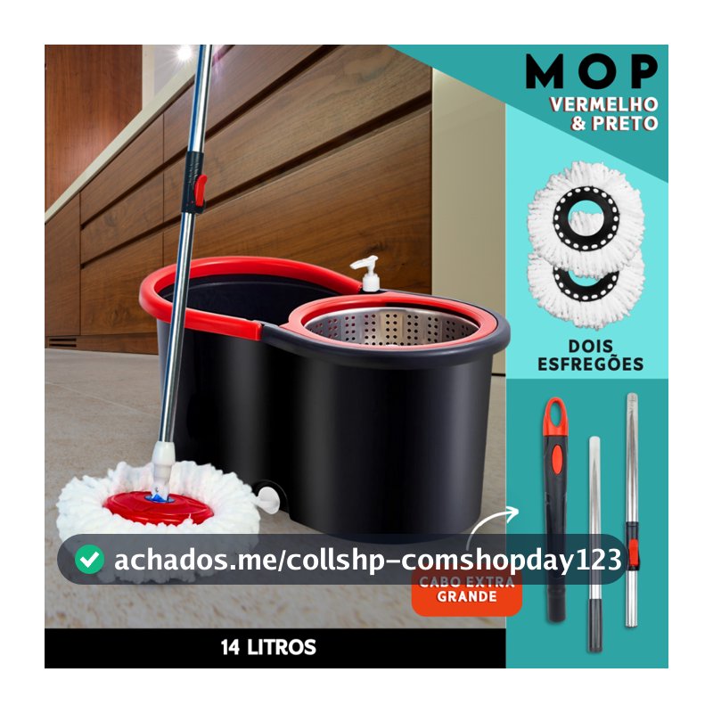 Mop Giratório C/ cabo de 140 cm + 2 Refis Balde Centrífuga Cesto Em Inox Com Rodinhas - SHEFA