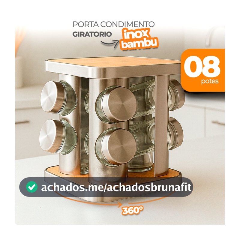 Porta Temperos Giratório Inox e Bambu com 8 Potes – Organizador 360° de Cozinha