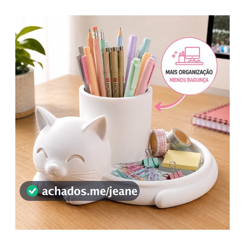 Organizador Gato Sorridente Porta Canetas Mesa Escritório Estudo Decoração Fofinha