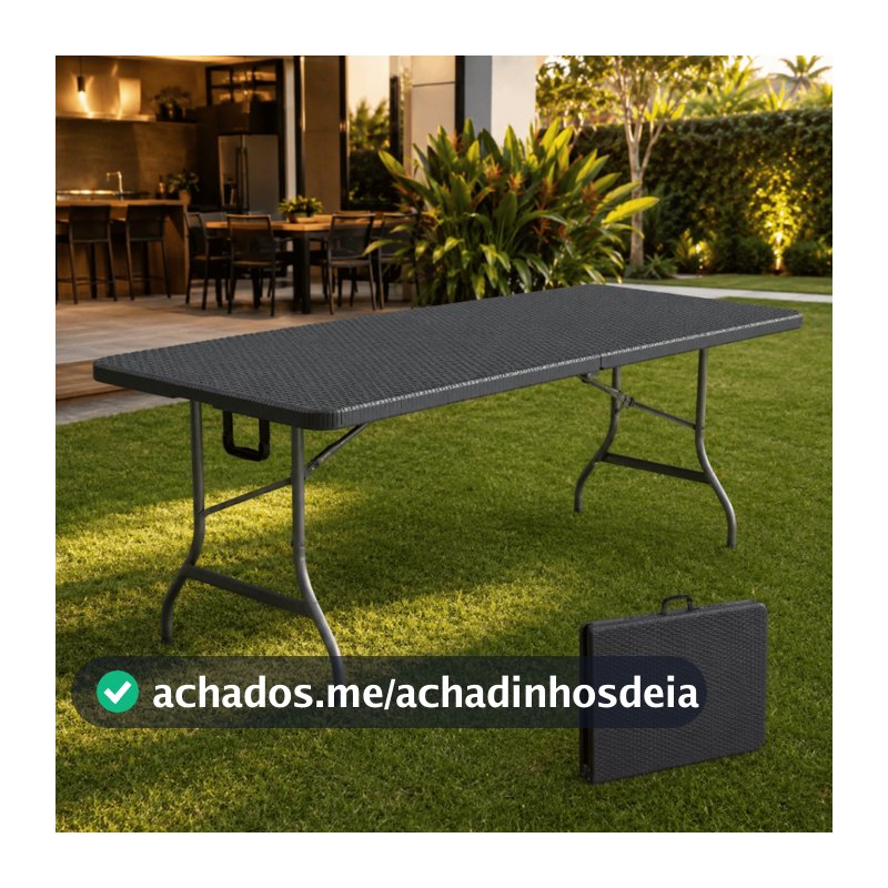 Mesa Dobrável Preta 1,80m Vira Maleta Portátil Plástico Reforçado Alça Camping Churrasco Nakasaki