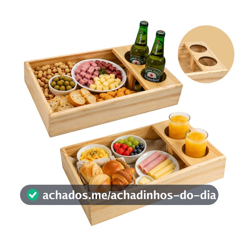 Bandeja para Café da Manhã Suporte Suco Petiscos Cerveja Copo Sofá Long Neck 30x20x6 Madeira Rústico