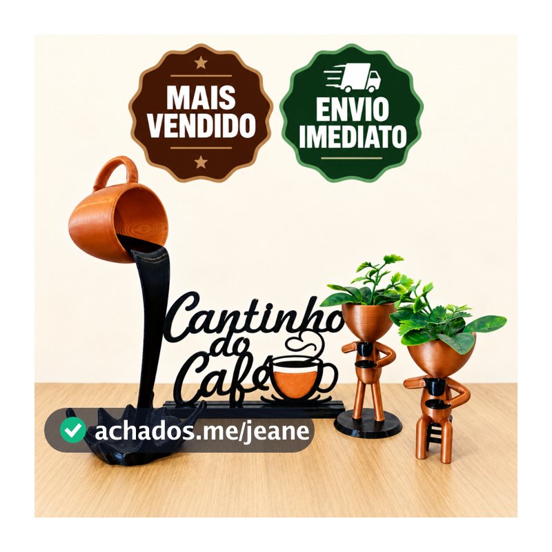 Kit Cantinho do Café Decorativo com Xícara Flutuante, Bob e Plantas Artificiais