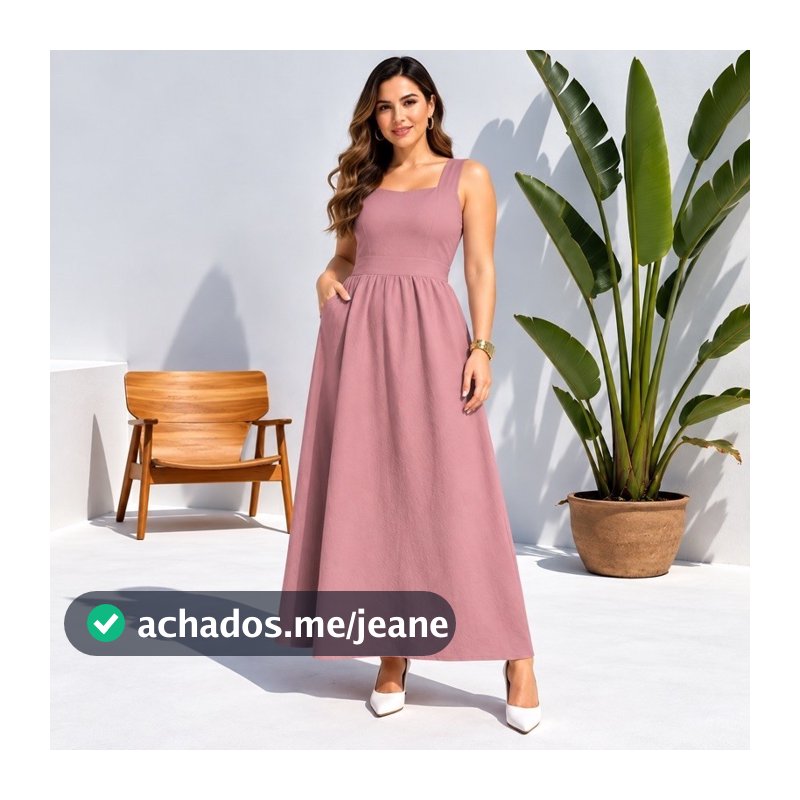 Vestido Longo Feminino Alça Grossa Bolsos Laterais  Elastex nas Costas Tecido Sensorial Marrante