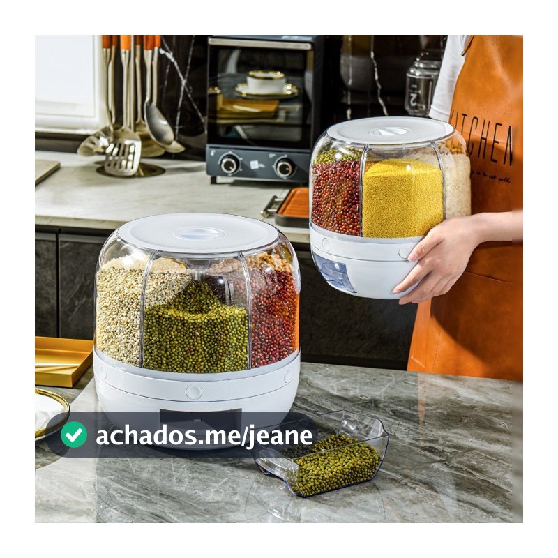 Dispenser de Cereais 6 em 1 Giratório 360° - Organizador de Grãos para Cozinha, Arroz, Feijão